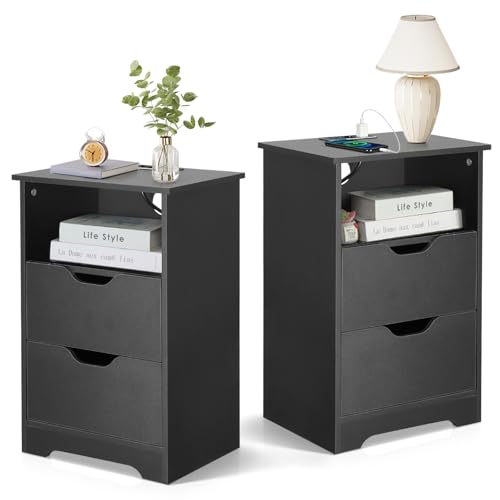 LEADZM Nachttisch 2er Set, Nachttische mit Ladestation, Beistelltisch mit 1 offenem Fach und 2 Schublade, Nachtschrank für Schlafzimmer Wohnzimmer, 40 x 30 x 60 cm (2, Schwarz)