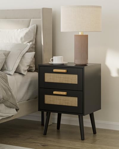 HEYZOEY Nachttisch Rattan, Beistelltisch mit Schublade, Nachtkommode mit Holz Beine für Schlafzimmer, Wohnzimmer (Black-2Drawer)
