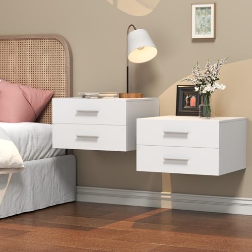 GOFEI Schwebende Nachttische 2er Set mit 2 Schubladen – Wandmontierte Nachtschränke im Modernen Design, Platzsparend mit Stauraum fürs Schlafzimmer