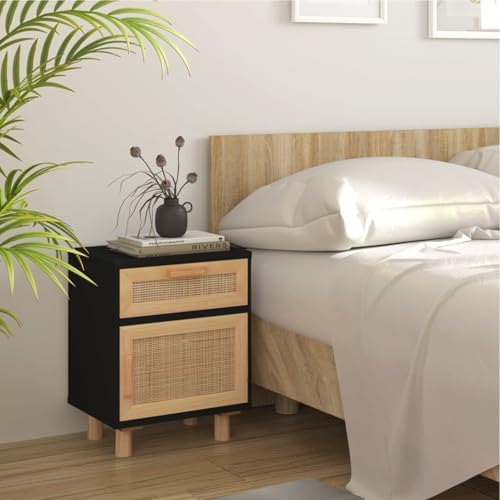 JUDYY Nachttisch Schwarz Massivholz Kiefer und Natur-Rattan, Nachtschrank, Nachtkästchen, Bedside Table, Nachtkommode, Nightstand, Nachttischschrank, Nachtkonsole