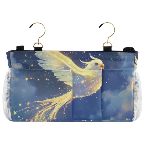 EtherSpher Nachttisch mit leuchtendem Papageien-Motiv, mit Taschen, zum Aufhängen, Organizer für Brillen, Bücher, Handys, Schlüssel, Weiß-Gold