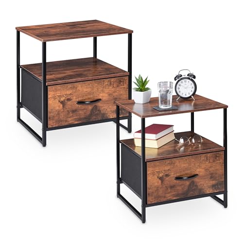 Relaxdays Nachttisch Industrial, 2er Set, HBT 50 x 45 x 42,5 cm, Nachtschrank mit Schublade, Schlafzimmer, schwarz/braun