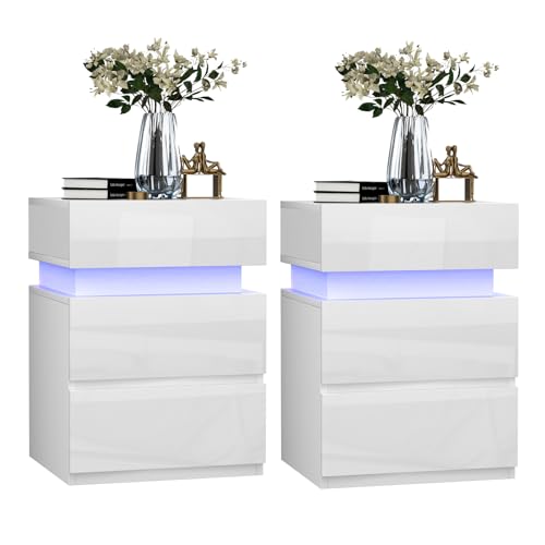 PIPIPOXER Nachttisch 2er Set Nachttisch mit LED, Nachttisch Weiß Hochglanz mit 3 Schubladen, LED Einstellbare 16 Farben, Beistelltisch Nachtschrank für Schlafzimmer Wohnzimmer, Modern, 35x40x55cm