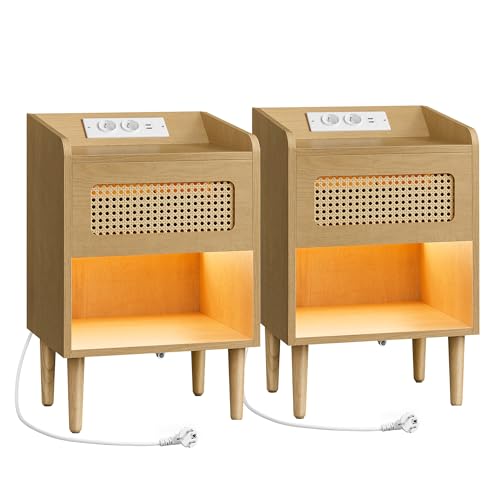 SONGMICS HOME BOHOVEN Kollektion - Nachttisch mit Ladestation 2er Set, Beistelltisch mit Bewegungsensor, Couchtisch Rattan-Optik, Massivholzbeine, Schlafzimmer, Boho-Stil, eichenbeige LET817Y02V1 SONGMICS HOME BOHOVEN Kollektion - Nachttisch mit Ladestation 2er Set, Beistelltisch mit Bewegungsensor, Couchtisch Rattan-Optik, Massivholzbeine, Schlafzimmer, Boho-Stil, eichenbeige LET817Y02V1