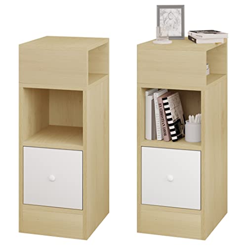 SBT0002 2 platzsparende, schmale Nachttische mit offenen Fächern und Schublade, schmaler Nachttisch für Schlafzimmer/Wohnzimmer, Holzschrank, 25 x 30 x 66 cm, 2 Stück