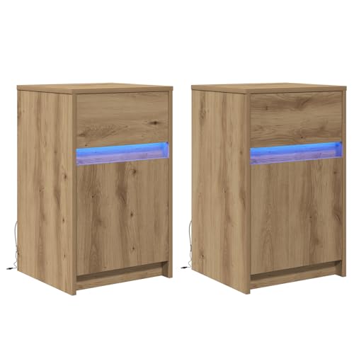 vidaXL Nachttisch-Set mit 2 Stück in Artisan-Eiche, 38 x 34 x 61 cm, aus beschichtetem Holz mit LED-Beleuchtung und modernem Look. Perfekt für Dein Schlafzimmer als Nachttisch,