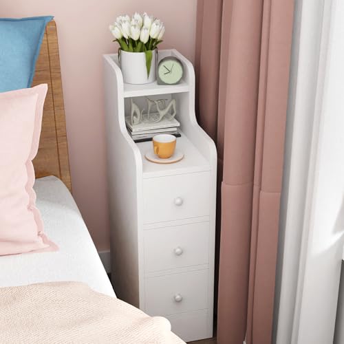 EXSELTMAN Nachttisch 70 cm hoch, Nachttisch schmal, NachtNachttisch Schmal, Offenen Ablagen und 3 Schiebeschublade, Sofatisch Beistelltisch, Nachtkästchen Platzsparend, weiß 35x23x70cm