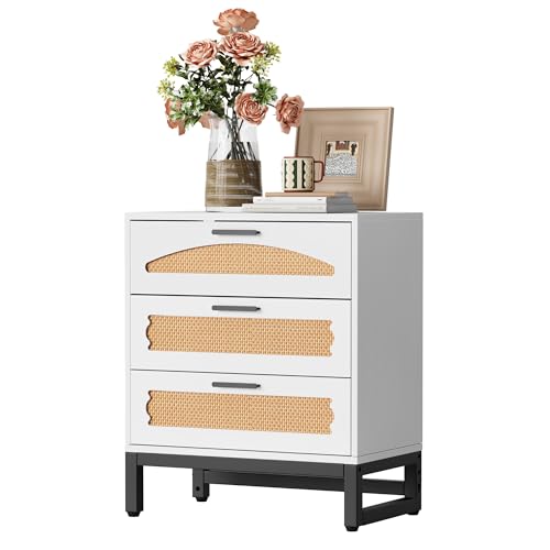 Mericonia Natürliche Rattan Kommode 3, Aufbewahrungs Organisatio nskommode stabilen Griffen und Füßen für, Wohnzimmer, Flur und Eingangsbereich, Weiß