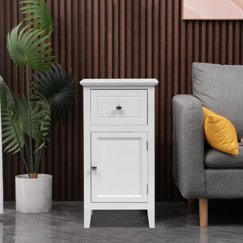 mymai Nachttisch Schmal, Nachtschrank mit 1 Schublade und 1 Schrank mit Tür, Beistelltisch Schmal Sofatisch Nightstand für Wohnzimmer, Schlafzimmer, Perfekt für kleine Ecke, Weiß