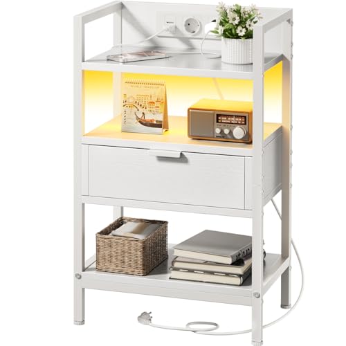 HLONONE Nachttisch mit Ladestation & LED, Beistelltisch mit Holzschublade & 3-stufiger Regalen, Nachtschrank mit Steckdosen & USB-Anschlüssen, für Schlafzimmer, Wohnzimmer, 30 x 44 x 70.5 cm, Weiß
