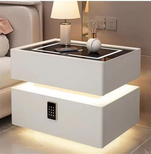 Nachttische, Smart Nightstand mit kabelloser Aufladung 3 Farben LED-Leuchten Nachttisch Nachttisch mit Passwortsperren Gehärtetes Glas Top 2 Schubladen (Weiß, 17,7 x 15,7 x 18,9 Zoll)