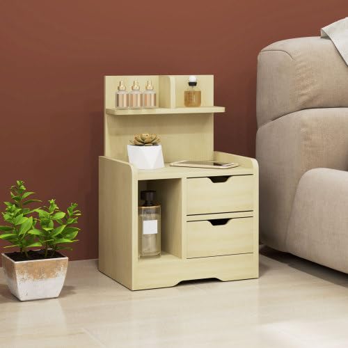 LIANGFUN 2 Schubladen, Beistelltisch, Nachtschrank offenen Ablage, Nachtkommode für Schlafzimmer, Wohnzimmer, 40 x 30 x 60, Naturholz