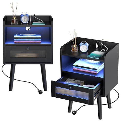Lvhecforhm Nachttisch Schwarz 2er Set, Nachtkommode mit Led 16 Farben Beleuchtung, Nachttisch mit Steckdose & USB, Nachtschrank 1 Schubladen, Beistelltisch für Wohnzimmer, Schlafzimmer 40x30x60cm