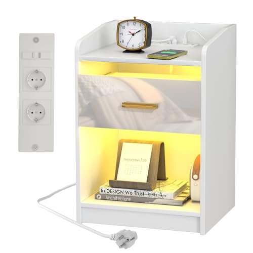 PIPIPOXER Nachttisch mit Steckdose & USB, LED Nachtschrank mit 1 Schubladen, 2 AC-Steckdosen, 2 USB-Anschlüsse, Hochglanz, Nachtschrank LED-Beleuchtung 16 Farbe, Beistelltisch, Weiß, 40x35x58cm
