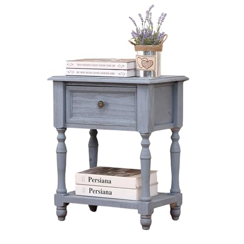 KOQENAG Nachttisch aus Massivholz im Vintage-Stil,Nachttisch mit Schubladen,Schmales Kabinett,Massivholzrahmen for Haltbarkeit,55cm/21.7in Höhe, geeignet for Wohnzimmer,Schlafzimmer(V intage Blue)