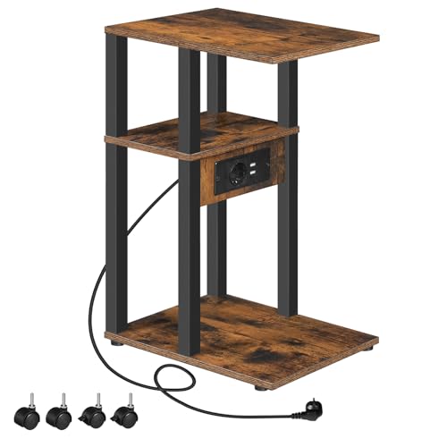 HOOBRO Beistelltisch mit Ladestation, C-Form Sofatisch, Couchtisch für kleine Räume, Schmaler Nachttisch, für Wohnzimmer, Schlafzimmer, Büro, Vintagebraun und Schwarz EBF66CSF01