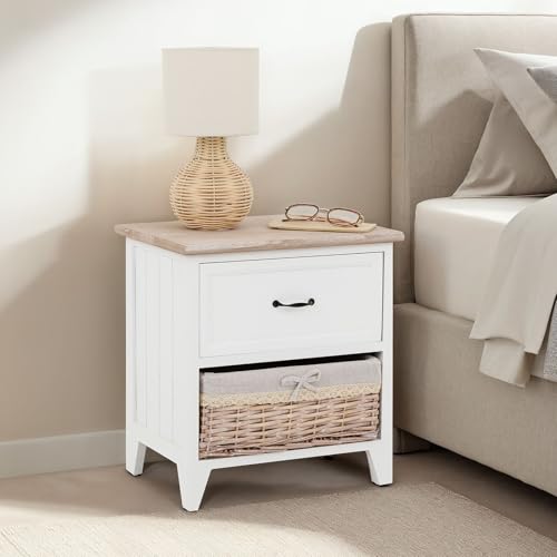IDIMEX Nachtkommode Provence mit Schublade und Korb, Weiß – kleine Schlafzimmer Kommode im Landhausstil aus Holz, mit Korb aus Weide, ideal als Nachttisch