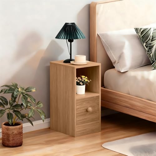 Sanery 20 cm Kleiner Nachttisch mit Schublade, Schmaler Beistelltisch mit Ablage, Schlankes Nachtschrank Nachtkommode mit Stauraum für kleine Räume Schlafzimmer Wohnzimmer (Nussbaum)