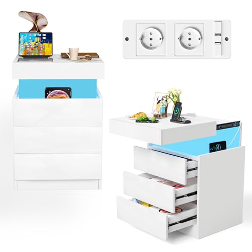 OXFENSEE Nachttisch 2er Set mit Steckdose, Nachtschrank mit Led Licht, 2 AC-Steckdosen, 2 USB Nachtkommode mit 3 Schubladen und Versteckte Schiebeschränke für Wohnzimmer(Weiß 2er Set, 45x40x67cm)