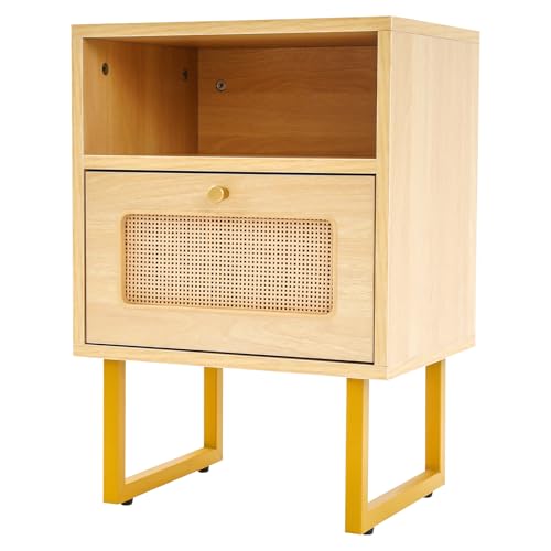 YISSALE Nachttisch Rattan, 39x29x56,49 cm Kleiner Beistelltisch mit Schublade und Offenem Regal, Nachtschrank für Schlafzimmern, Wohnzimmern