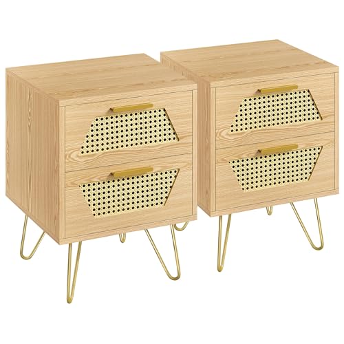 Yaheetech Nachttisch 2er Set Beistelltisch mit 2 Schubladen Rattan Nachtschrank Nachtkommode Metallbeine Sofatisch Couchtisch für Schlafzimmer, Hellbraun