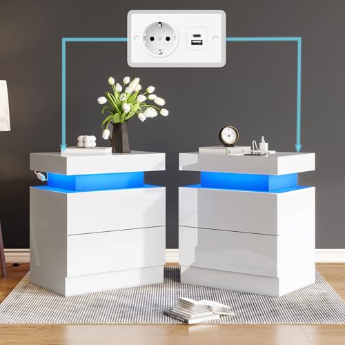 LUXOAK 2er-Set Hochglanz Nachttisch mit LED & Ladestation, Moderne Nachtschränke mit 2 Schubladen, Weißer Beistelltisch für Schlafzimmer & Wohnzimmer, 58x40x35 cm