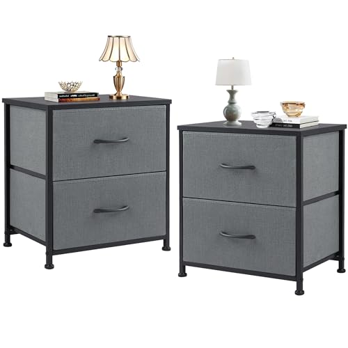 DUMOS 2er Set Beistelltisch Stoff Schubladenschrank Schmal Schrank Kommode Schlafzimmer Industrial Stil für Wohnzimme Kinderzimmer Flur Aufbewahrungsschrank