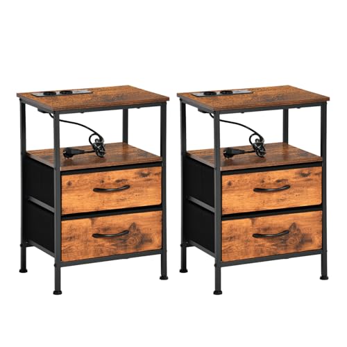 EGGREE 2er Set Nachttisch mit Ladestation, Kleiner Nachttisch mit Stoffschubladen und Ablage für Schlafzimmer, kleine Räume, Nachtkästchen mit USB-Anschlüssen und Steckdosen - Vintagebraun