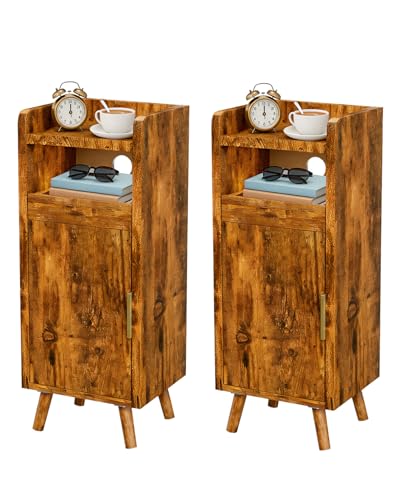Askelierg Nachttisch 2er Set, Schmal, Kleiner Nachttisch mit Schublade & Tür, Nachtschrank Vntage, Kabelmanagement, Beistelltisch Platzsparend für Wohnzimmer, Schlafzimmer, 25x 30 x 61 cm (Braun)