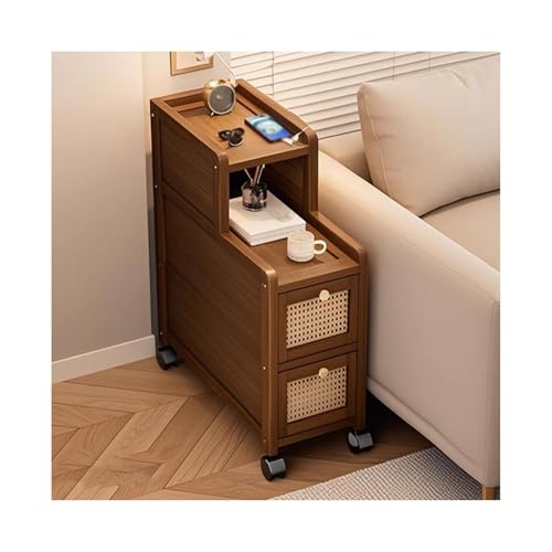 ZNQNDSR beistelltisch Nachttisch Mit 2 Schubladen, Schmaler Nachttisch Aus Massivholz Mit Universalrad Für Schlafzimmer, Sofa, Wohnheim, Kleine Räume(9.8x15x21in)