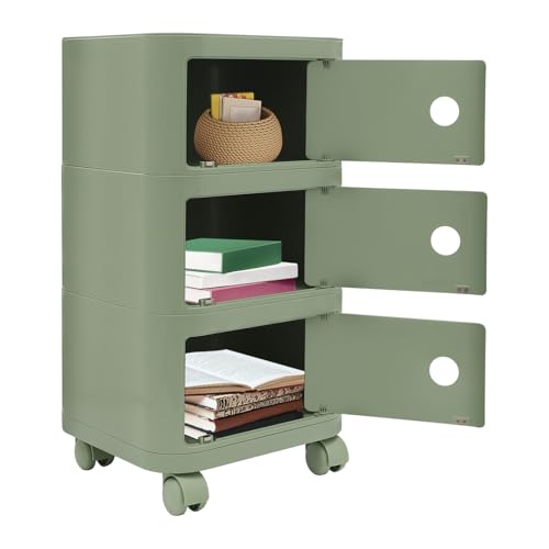 TTISJHK Nachttisch mit Rollen 3-stufig, Moderner Beistelltisch mit Türen & Stauraum, Schmaler Nachtkommode aus ABS, 60kg Tragkraft, für Schlafzimmer, Wohnzimmer & Büro, 32x32x63cm (Matcha-Grün)