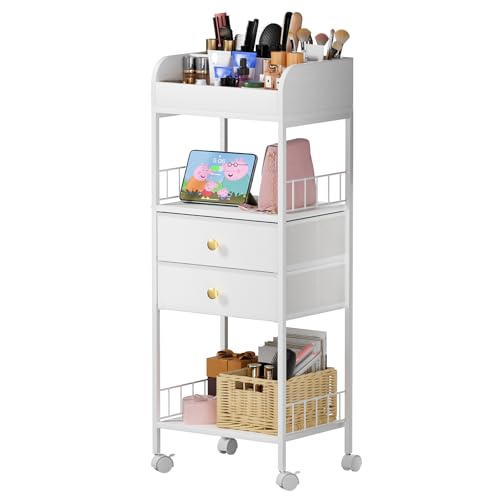 HaodaCulture Nachttisch Nachtschrank Weiss, Beistelltisch Mit Rollen, Sofatisch mit 2 Stoffschublade, Büro Organizer mit Feststellrädern, für kleine Räume, Wohnzimmer, Schlafzimmer