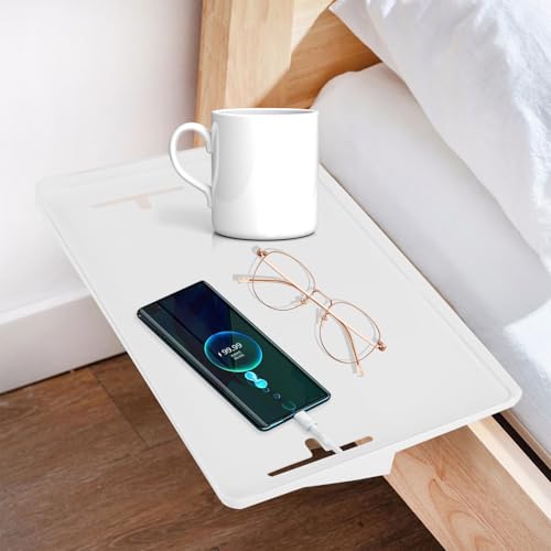 SHYICHENG Nachttisch Regal mit Kabelführung, Clip-On Bettregal, Tablett-Organizer für Bett, Weiß, Kabelschlitze, Platzsparend für Handy, Bücher & Mehr
