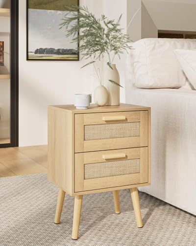 HEYZOEY Nachttisch Rattan, Beistelltisch mit Schublade, Nachtkommode mit Holz Beine für Schlafzimmer, Wohnzimmer (Yellow.)