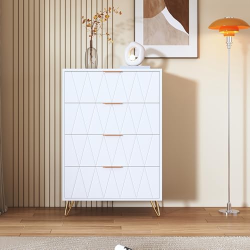 Kommode 4, Aufbewahrungsmöbel Füßen Griffen vergoldetem, weißer Schrank, Kommode für Wohnzimmer, Schlafzimmer Büro, 60 x 34 x 90 cm
