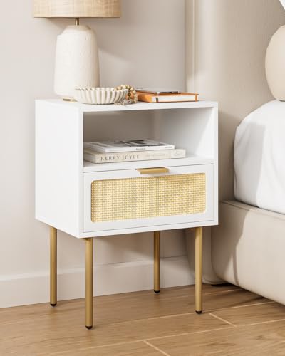 HEYZOEY Nachttisch, Nachtschrank aus Rattan mit 1 offenen Ablagen und 1 Schublade, Modern Nachtkästchen, Boho Nachtkommode für Schlafzimmer, Wohnzimmer, Weiß und Gold ?
