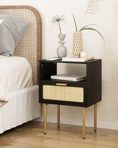 HEYZOEY Nachttisch, Boho Beistelltisch Mit Schublade Offenes Regal, Nachttisch Schwarz, Bedside Furniture, Night Stand, End Table with Gold Frame for Bedroom, Living Room, White (Schwarz)