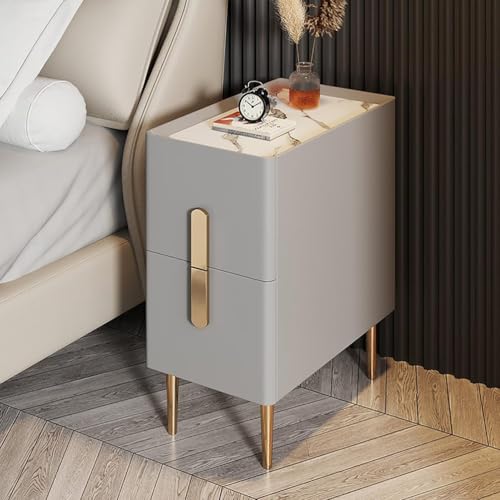 MGHRUEWH Schmaler Nachttisch Mit 2 Schubladen, Nachttisch Aus Pu-Leder, Moderner Minimalistischer Beistelltisch Mit Metallbeinen, Nachttischschrank Für Enge Räume in Schlafzimmern,Grau,25cm