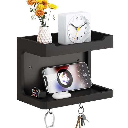 NiHome Large Wall Mounted Wooden Bedside Organizer - Wandmontiertes Massivholz-Regalsystem mit Doppelregal & Magnet-Haken, Bettablage für Handy Brille Fernbedienung(25x13.8x18 cm)