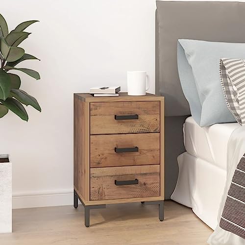 MNISDFL Nachttisch Braun 40x30x55 cm Massivholz Kiefer Vintage Stil mit Schubladen Stauraum Industriell Recyceltes Holz Stabile Oberplatte Metallfüße Wandhalterung