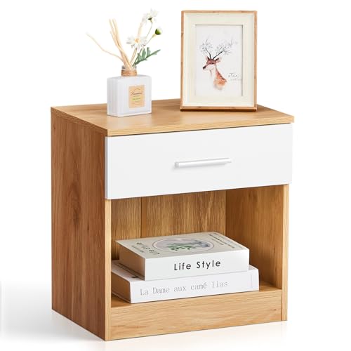 TactFire Nachttisch Nachtschrank Schlichter Beistelltisch Kommode mit 1 offenem Fach und 1 Schublade 39 x 29 x 41 cm (1, Eiche & Weiß)
