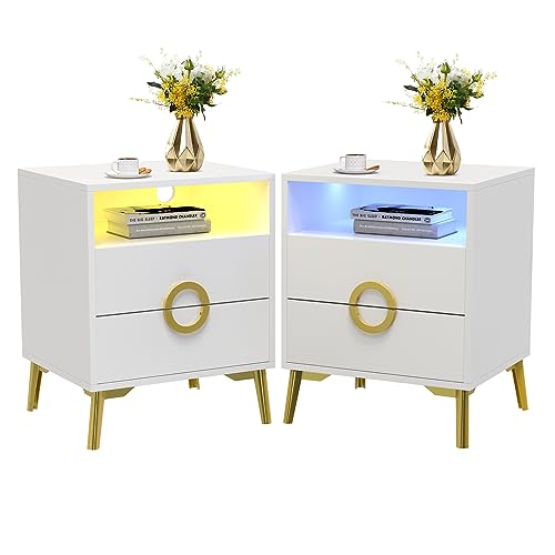 PIPIPOXER 2er Set Nachttisch Weiß mit 2 Schubladen, Nachttisch LED Nachttisch Weiß und Gold, Nachtschrank 2 Schubladen mit Led 16 Farben Beleuchtung Beistelltisch für Schlafzimmer, 45x40x57cm