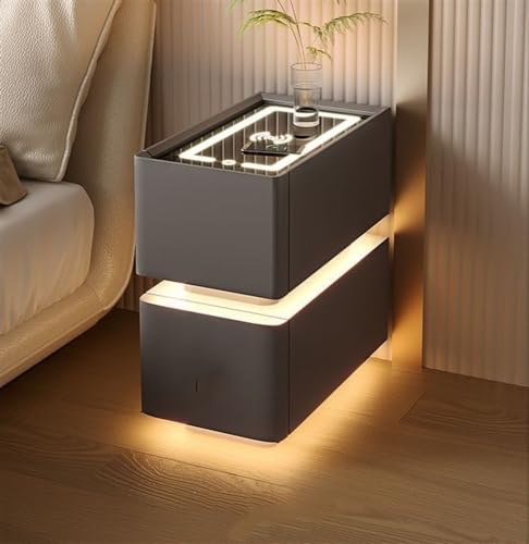 HJYBFA Intelligenter schmaler Nachttisch mit 3-farbigem LED-Licht, 2 Schubladen, kabellosem Laden, vormontiert, kleine Räume (Dunkelgrau, 11,8 x 15,7 x 19,7 Zoll)