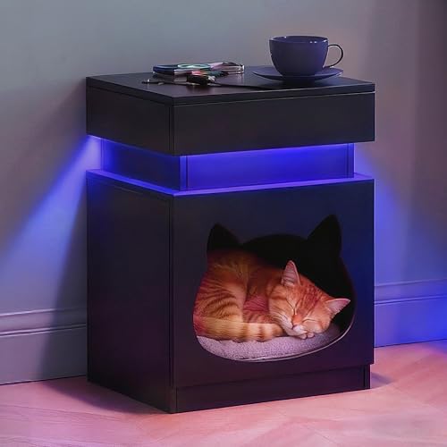 CoPaws Nachttisch, Holzseitentisch mit Schub- und Ziehzug, moderner schwarzer Beistelltisch mit LED-Beleuchtung, katzenangepasster Tür für Schlafzimmer, Wohnzimmer, Büro, Hof, Lobby, Hotel, Café