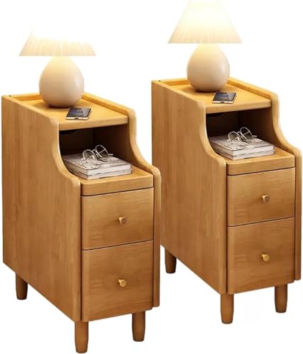HADECOLL Nachttisch, Schmal, Hoher, Schmaler Nachttisch Mit Schubladen, Hoher Nachttisch, 2Er-Set, Schmale Schlafzimmer-Beistelltisc he, 2 Farben, Natur, 2 Stück, 25 cm