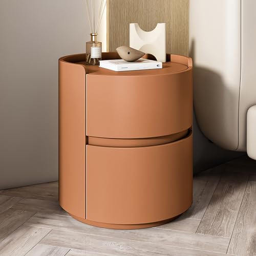 Runder Nachttisch, Nachttisch mit 2 Schubladen aus Massivholz, moderner minimalistischer Schlafzimmer-Beistelltisc h, Nachttische aus Leder für Schlafzimmer/Wohnzimmer, keine Installation erf