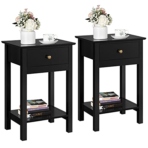 Yaheetech 2 Stück Nachtschrank Nachttische mit Schublade und Ablage Moderner Beistelltisch Nachtkosole Ablagetisch Sofatisch aus Holz 40 × 30 × 61 cm, Schwarz