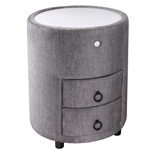 Riess Ambiente Runder Nachttisch SIGNUM - 55cm - grau - Samt inkl. Beleuchtung und Schubladen Nachtschrank