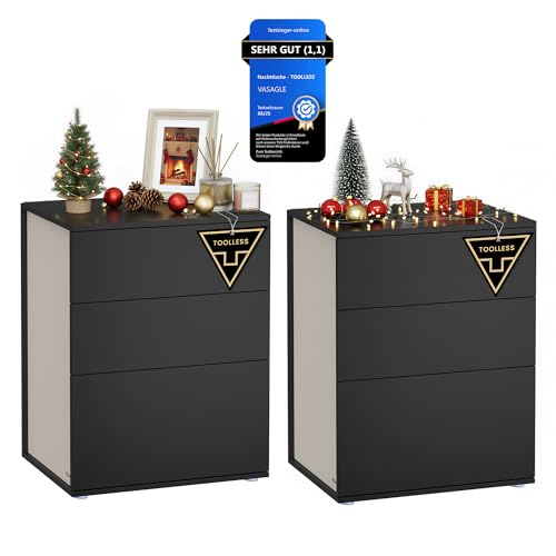 VASAGLE 2er Set, Toolless Technologie, superschnelle werkzeuglose Montage, 3, Nachtschrank,, Wohnzimmer, tintenschwarz cappuccinob eige LET779B01