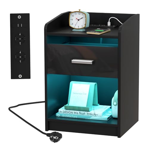 PIPIPOXER Nachttisch mit Steckdose & USB, LED Nachttisch mit 1 Schubladen, 2 AC-Steckdosen, 2 USB-Anschlüsse, Nachttisch Schwarz Hochglanz, Nachtschrank LED-Beleuchtung 16 Farbe, Modern, Beistelltisch